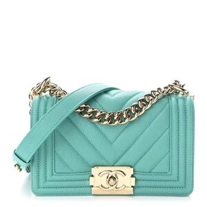 Chanel 19S Turquoise Iridescent Caviar Chevron Quillted Small Boy Gold Hardware